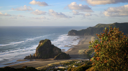 High angle view of Piha Beach with pohutukawa trees in bloom. Auckland.の写真素材