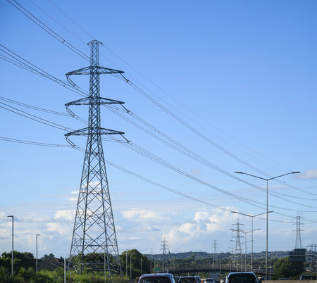 Transmission towers and power lines along Auckland motorway.の写真素材