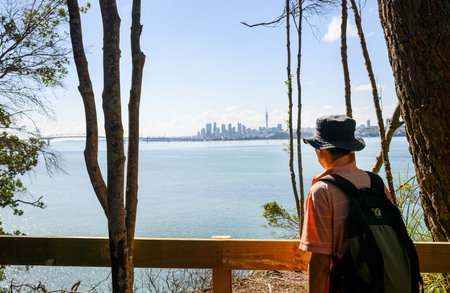 Kauri Point Centennial loop track. Man enjoying the view of Auckland Harbour Bridge and Sky Tower. Auckland.の写真素材