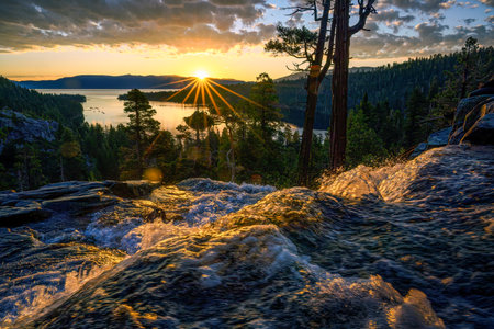 Sunrise above Lower Eagle Falls with Emerald Bay in the background, Lake Tahoe, California.の写真素材