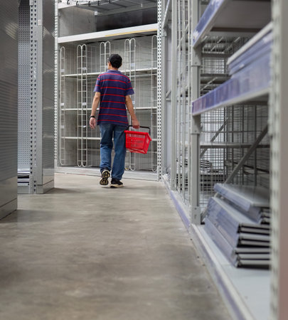 Man carrying a shopping basket, walking among the empty shelves. Shop closing down.の写真素材
