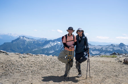Hikers posing for fun photos at Skyline Trail. Mt Rainier National Park. Washington State.の写真素材