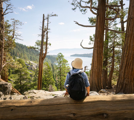 Woman sitting on a big tree trunk and enjoying the views at Lower Eagle Falls. Emerald Bay. Lake Tahoe. California.の写真素材
