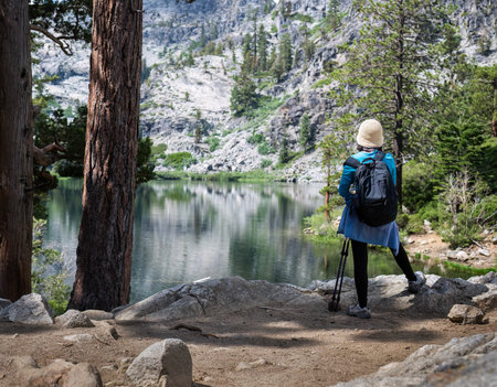 Woman enjoying the views of Eagle Lake. South Lake Tahoe. California.の写真素材