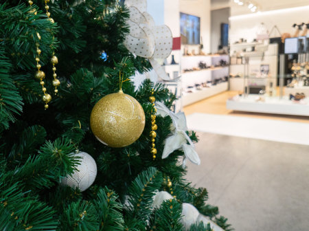 Christmas decorations in front of a shoe shop in a shopping mall. Auckland.