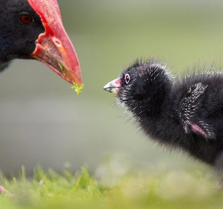 Pukeko mother feeding chick. Western Springs park, Auckland.の写真素材