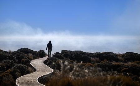 Man in silhouette hiking Pouakai circuit, walking on boardwalk. Views of the Taranaki in the mist. Egmont National park. New Zealand.の写真素材