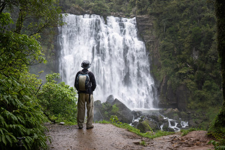 Man enjoying the view of beautiful Marokopa Falls. Waikato. New Zealand.の写真素材