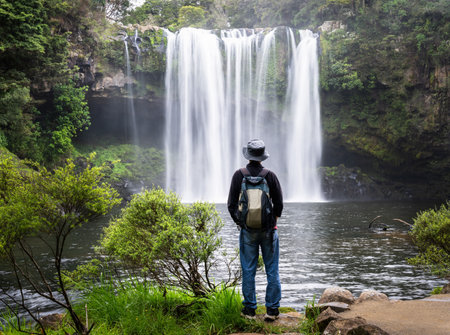 Man looking at the view of Rainbow Falls on the Kerikeri river. Northland. New Zealand.の写真素材