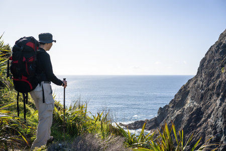Man looking at the view of Cape Brett Track. Bay of Islands. New Zealand.の写真素材