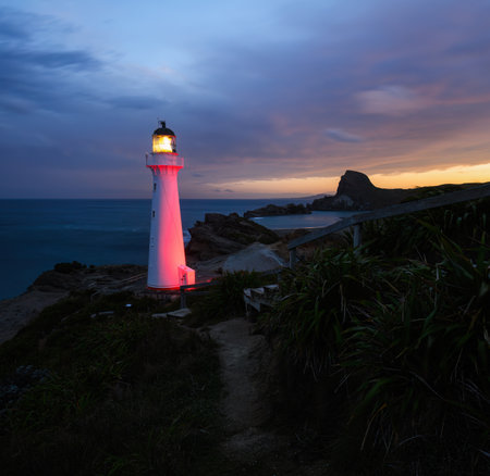 Castlepoint lighthouse lit up at night. Wairarapa. New Zealand.の写真素材