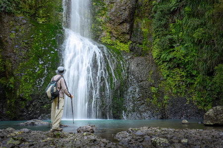 Tourist looking at Kitekite Falls. Waitakere Ranges. Auckland.の写真素材