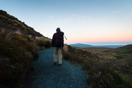 Hiking Tongariro Alpine Crossing at sunrise. Mangatepopo Valley. Tongariro National park.の写真素材