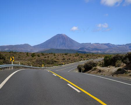 Desert Road with the view of Mount Ngauruhoe. Tongariro National Park. New Zealand.の写真素材