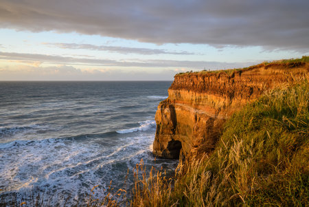 White cliffs at Tongaporutu coastline at sunset. Taranaki. New Zealand.の写真素材