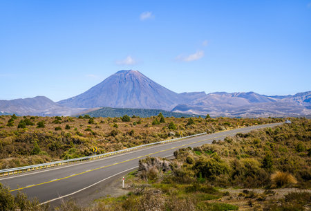 Desert Road with Mount Ngauruhoe in the distance. Tongariro National Park. New Zealand.の写真素材