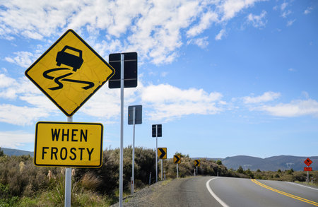 Slippery When Frosty road sign on Desert Road. North Island. New Zealand.の写真素材