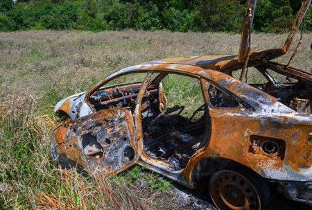 A burnt-out car dumped on the field.の写真素材