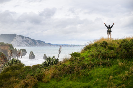 Man raising arms on clifftop and looking at the views of Three Sisters rock formation. Tongaporutu. Taranaki. New Zealand.の写真素材