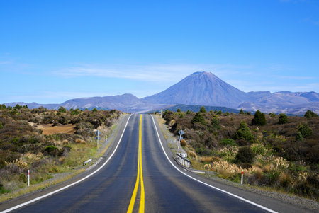 Empty Desert Road with the view of Mount Ngauruhoe. Tongariro National Park. New Zealand.の写真素材