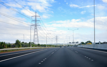 Power pylon and power cables along State Highway 1 (SH 1). Auckland.の写真素材