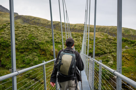 Male tourist walking on Manganui Gorge Suspension Bridge. Taranaki. New Zealand.の写真素材