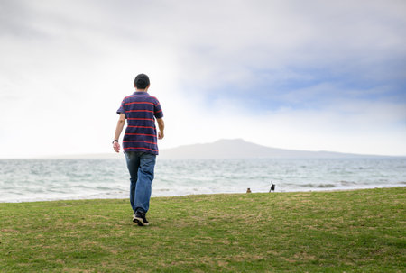 Man walking the dogs on the beach. Rangitoto Island in the distance. Milford Beach. Auckland.の写真素材