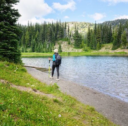 Woman hiking Shadow Lake Trail. Mount Rainier National Park. Washington State.の写真素材