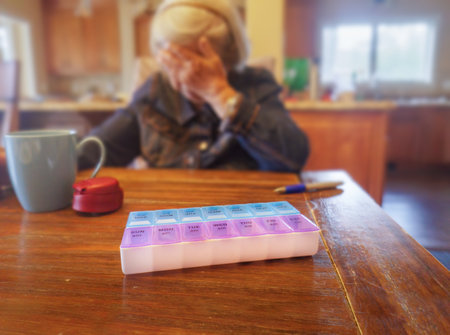 Medicine pill box on the dinner table. Out-of-focus elderly woman with hand over face sitting by the table.の写真素材