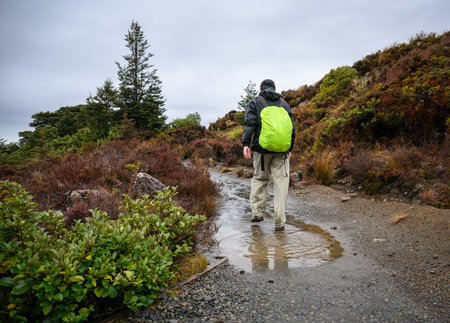 Backpacker hiking Taranaki Falls track in the rain. Tongariro National Park. New Zealand.の写真素材