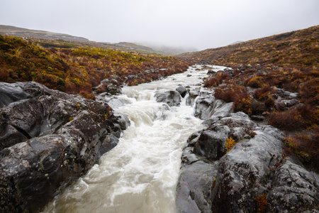 Water rushing down the river at Taranaki Falls track. Tongariro National Park. New Zealand.の写真素材