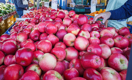 Apples for sale at the market. Unrecognizable crowd of people shopping for fruits. Auckland.の写真素材