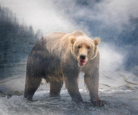 Multiple exposure image of a brown bear with salmon on its mouth and foggy forest in the clouds. Environment protection and survival concepts.の写真素材