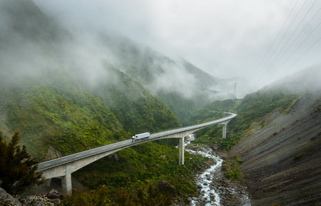 Otira Viaduct in the fog. Arthurâs Pass National Park. Canterbury. South Island.の写真素材