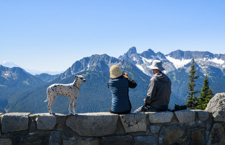 Couple and their dog enjoying the beautiful views at Sunrise Trail. Mt Rainier National Park. Washington State.の写真素材