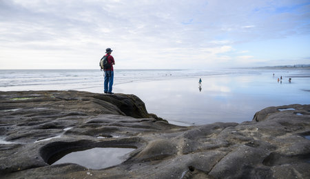 Man standing on the rocks at Muriwai Beach. Unrecognizable people playing on the beach in summer. Auckland.の写真素材