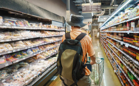 Man pushing a shopping trolley. Out-of-focus Asian food on the supermarket shelves. Customers buying food at grocery shops. California.の写真素材