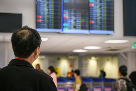 Man looking at the flight information display board at the airport. Unrecognizable passengers in the queue.の写真素材