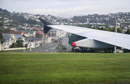 An airplane landing at Wellington Airport. New Zealand.の写真素材