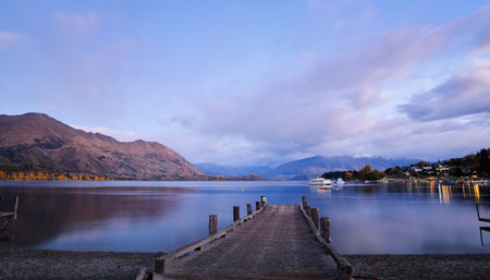 Lake Wanaka jetty at dawn. Wanaka. New Zealand.の写真素材