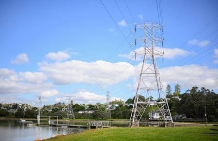 Giant power pylons at Onehunga Bay Reserve. Auckland.