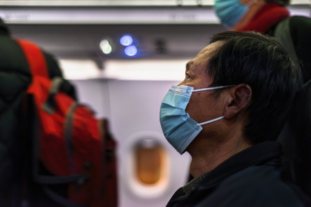 Man wearing a face mask on the airplane. Indistinctive passengers walking along the aisle.の写真素材
