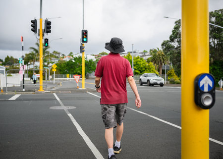 Man walking across the street with green pedestrian crossing light on. Auckland.の写真素材