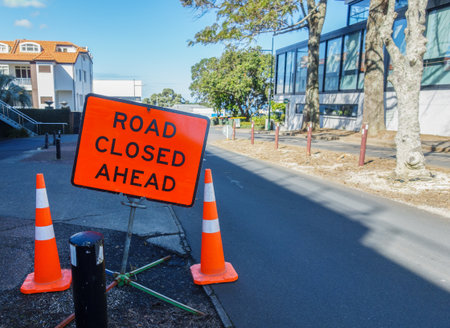 Road Closed Ahead sign by the road. Roadworks in Auckland.の写真素材