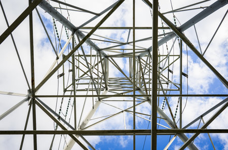 Low angle view of a giant power pylon.の写真素材