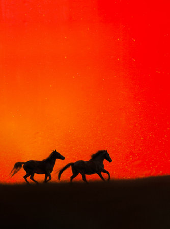 Silhouette Horses on red and golden background. Happy Chinese New Year. Year of the Horse â€“...
