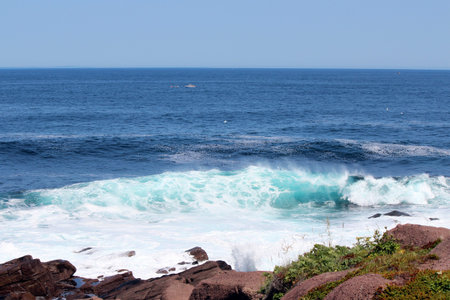 Waves pound the seashore and rugged terrainの写真素材