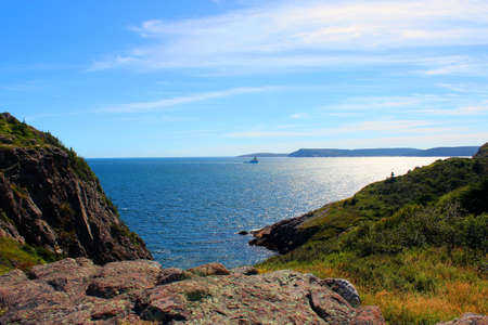 Summer landscape with a ship in the distanceの写真素材