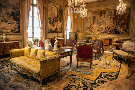 PHILADELPHIA - SEPTEMBER 2015: Luxury interior room in Museum of Art in Philadelphia, USA, September 2015. Retro style luxury interior room with antique furniture and painting in Philadelphia Museum of Art.のeditorial素材