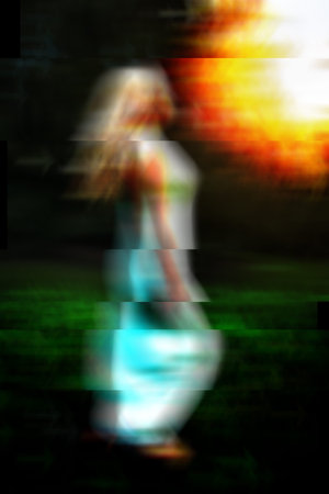 Glitch art abstract portrait of barefoot woman running on green grass outdoorsの写真素材